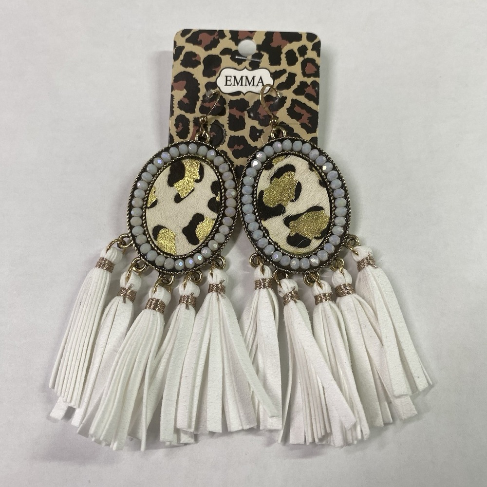 EMMA Oval Animal Hide Leopard Gold Western Earrings White Fringe Cowgirl NEW